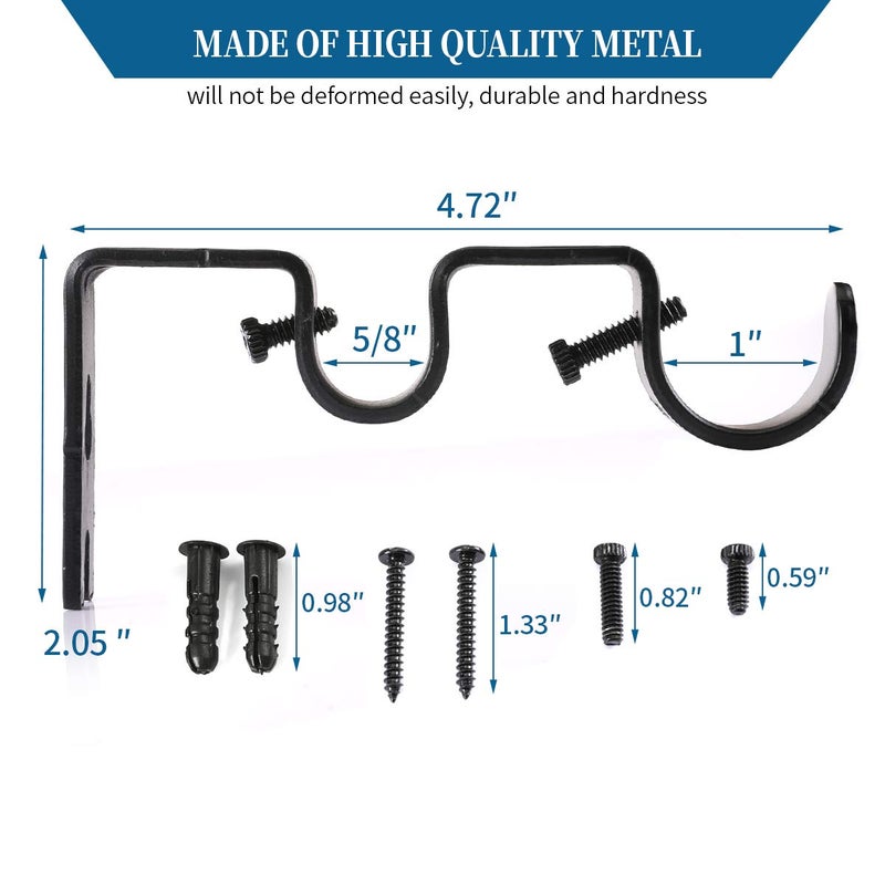 Anndason Heavy Duty Curtain Rod Brackets - Double Rod Holders 1" and 5/8" Inch (Set of 6, Black) - Image 3
